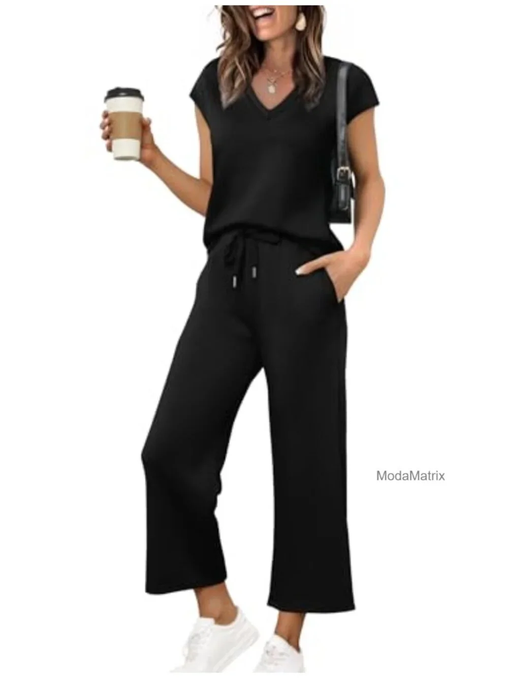 Two Piece Lounge Set V Neck Cap Sleeve Top Wide Leg Pants 4-Way Stretch